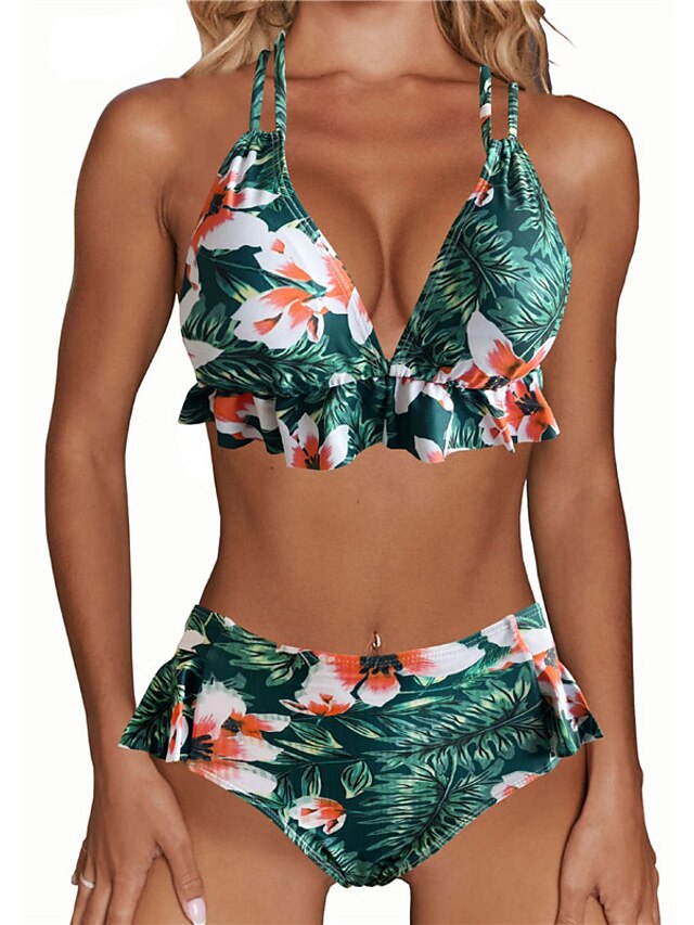 Womens Clothing Womens Swimwear | Womens Swimwear Bikini 2 Piece Normal Swimsuit Tummy Control Open Back Printing Floral Leaves 