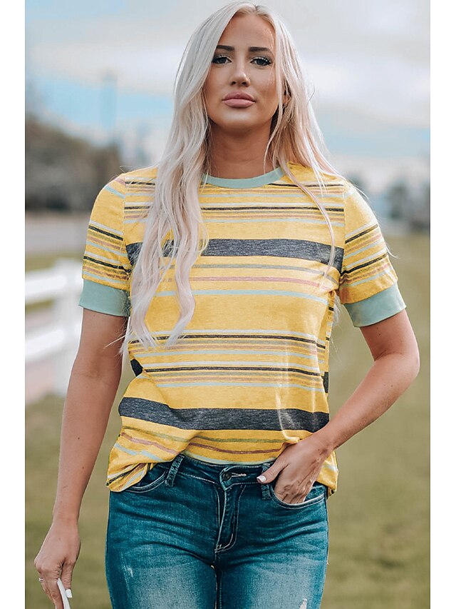 Womens Clothing Womens Tops | Womens Casual Weekend Painting T shirt Tee Striped Short Sleeve Print Round Neck Basic Tops Yellow