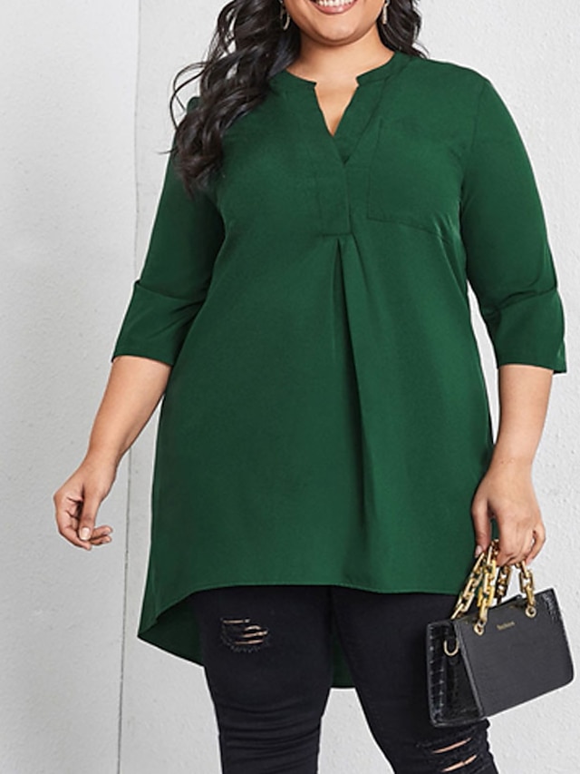 Womens Clothing Plus Size Collection | Womens Plus Size Tops Blouse Shirt Plain Ruched 3/4 Length Sleeve V Neck Streetwear Prepp