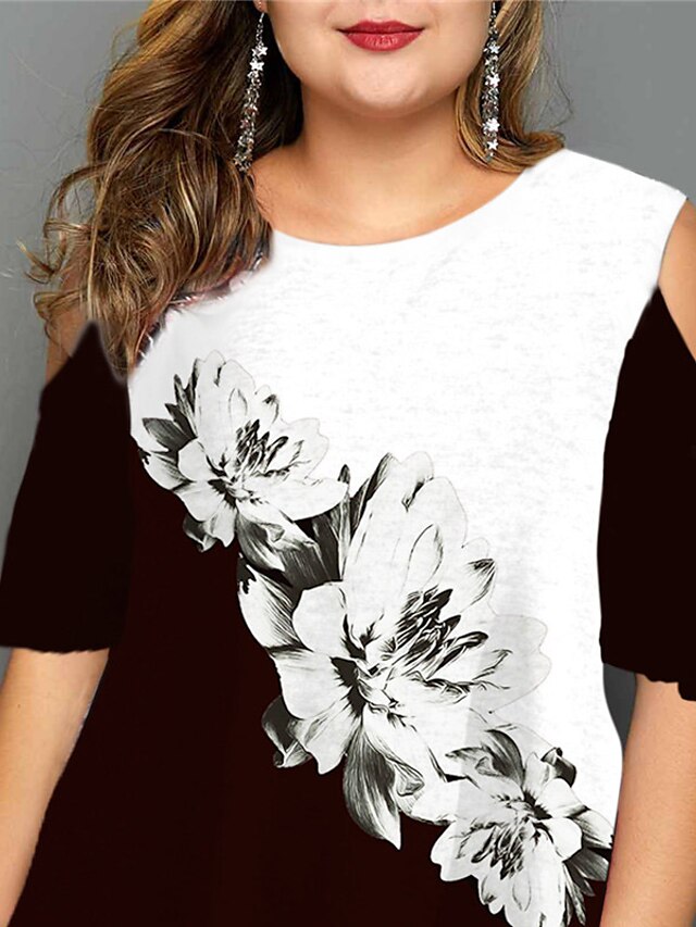 Womens Clothing Plus Size Collection | Womens Plus Size Tops Blouse Shirt Floral Cut Out Print Short Sleeve Crewneck Streetwear 