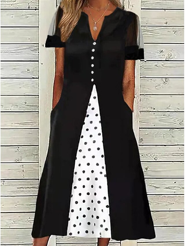 Womens Clothing Womens Dresses | Womens A Line Dress Midi Dress Black Short Sleeve Polka Dot Color Block Ruched Patchwork Print 