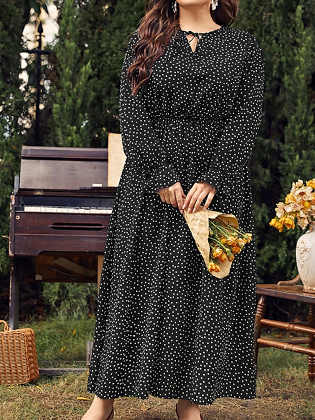 Womens Clothing Plus Size Collection | Womens Plus Size A Line Dress Polka Dot Round Neck Print Long Sleeve Spring Summer Casual