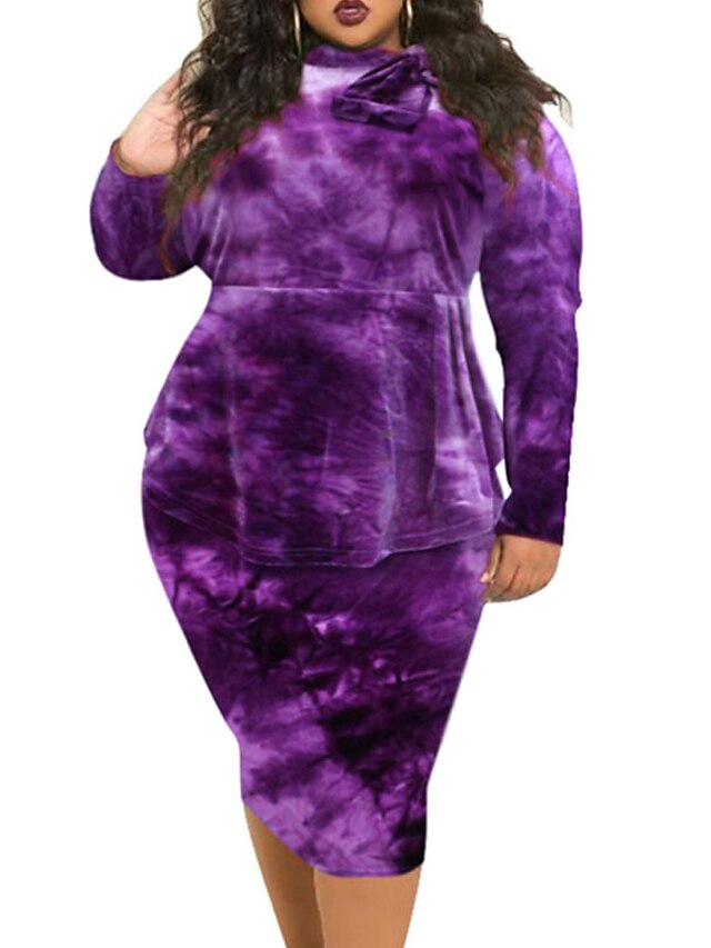 Womens Clothing Plus Size Collection | Womens Plus Size Sheath Dress Tie Dye Turtleneck Long Sleeve Fall Winter Work Midi Dress 