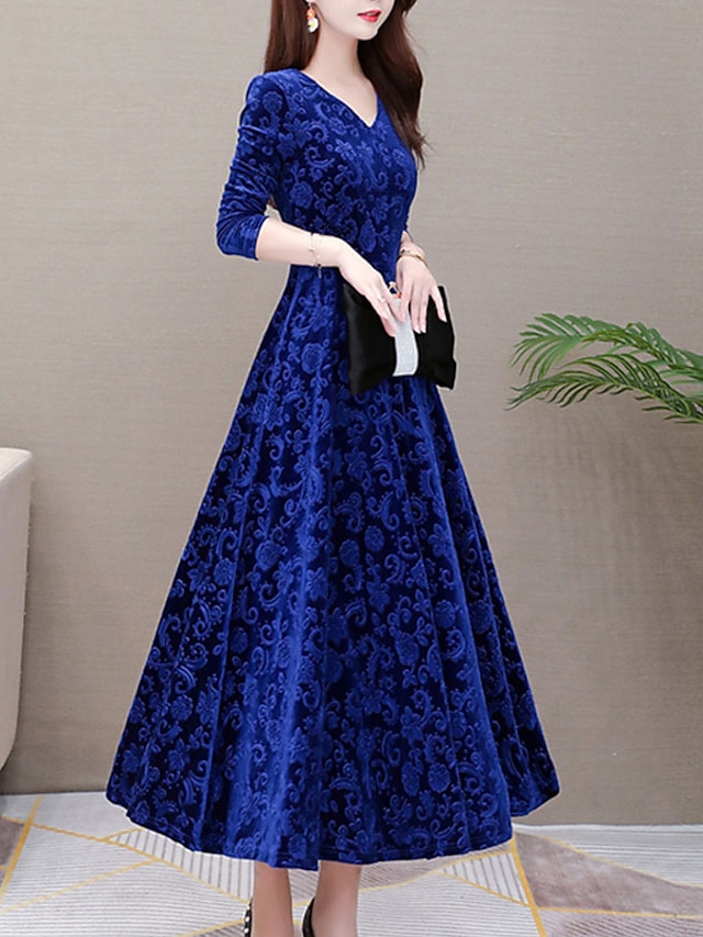 Womens Clothing Womens Dresses | Womens Swing Dress Midi Dress Blue Purple Long Sleeve Solid Color Ruched Velvet Spring Summer V