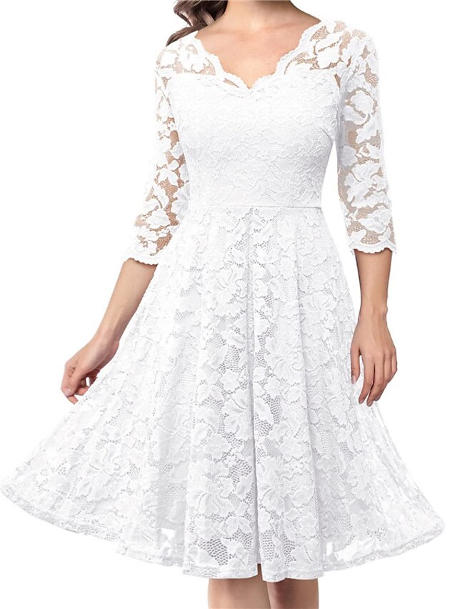 Womens Clothing Womens Dresses | Womens A Line Dress Knee Length Dress White Black Wine 3/4 Length Sleeve Pure Color Lace Spring