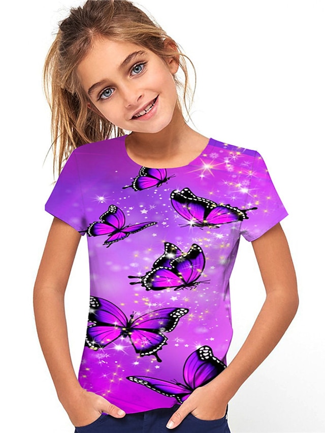  Mädchen 3D Tier Schmetterling T-Shirt Kurzarm 3D-Druck Sommer Frühling Aktiv Modisch Kuschelig Polyester kinderkleidung 3-12 Jahre Outdoor Täglich Regular Fit