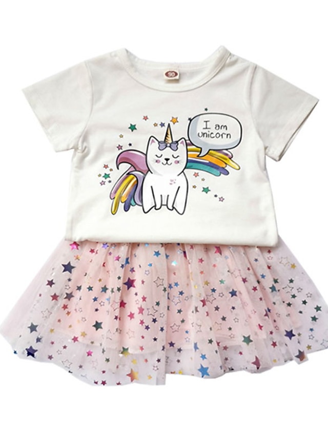 Baby & Kids Girls Clothing | Kids Girls T-shirt & Skirt Clothing Set 2 Pieces Short Sleeve White Pink Cartoon Sequin Print Vacat