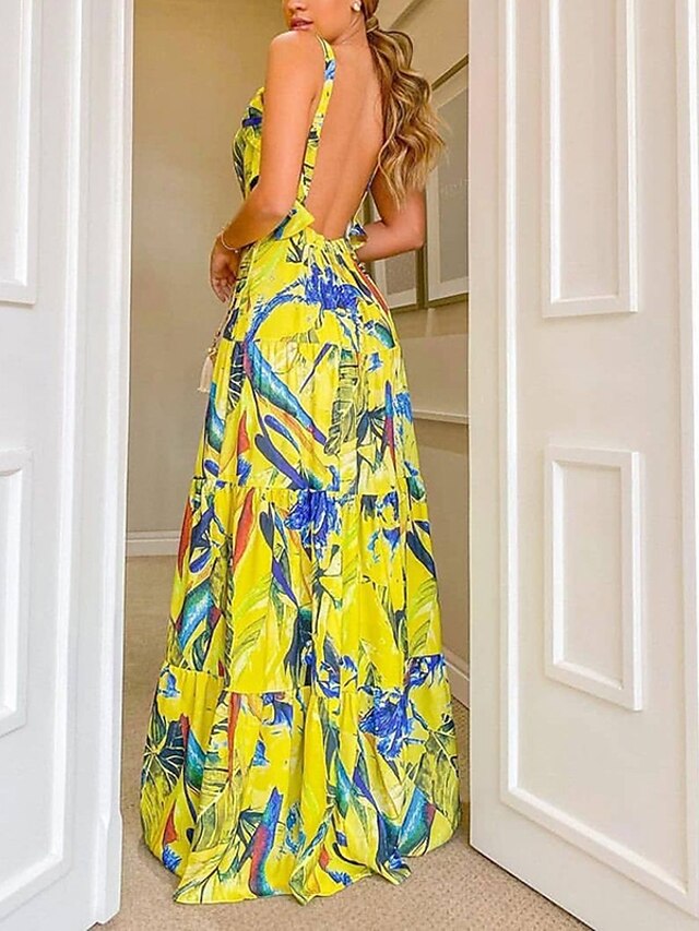 Womens Clothing Womens Dresses | Womens Swing Dress Maxi long Dress Yellow Sleeveless Floral Abstract Backless Patchwork Cold Sh