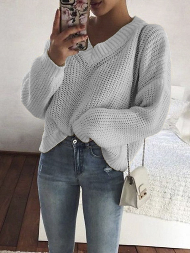 Womens Clothing Sweaters & Cardigans | Womens Pullover Sweater Jumper crochet waffle Knit Knitted Pure Color V Neck Stylish Casu