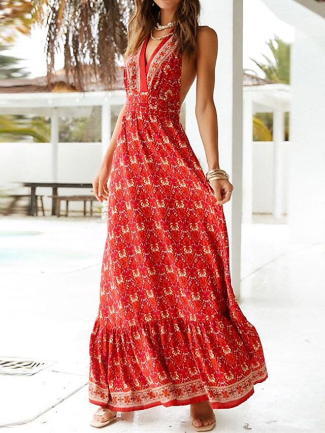 Womens Clothing Womens Dresses | Womens A Line Dress Maxi long Dress Pink Red Sleeveless Floral Print Backless Print Spring Summ