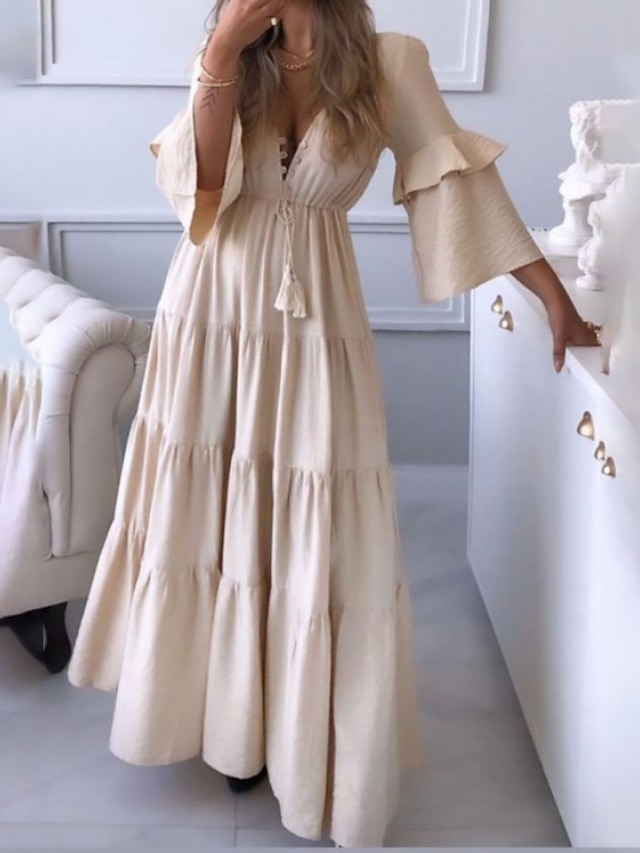 Womens Clothing Womens Dresses | Womens A Line Dress Maxi long Dress Beige Long Sleeve Pure Color Ruched Spring Summer V Neck St