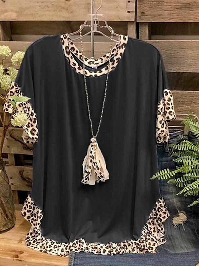 Womens Clothing Womens Tops | Womens Casual Weekend Painting T shirt Tee Leopard Short Sleeve Ruffle Print Round Neck Basic Tops