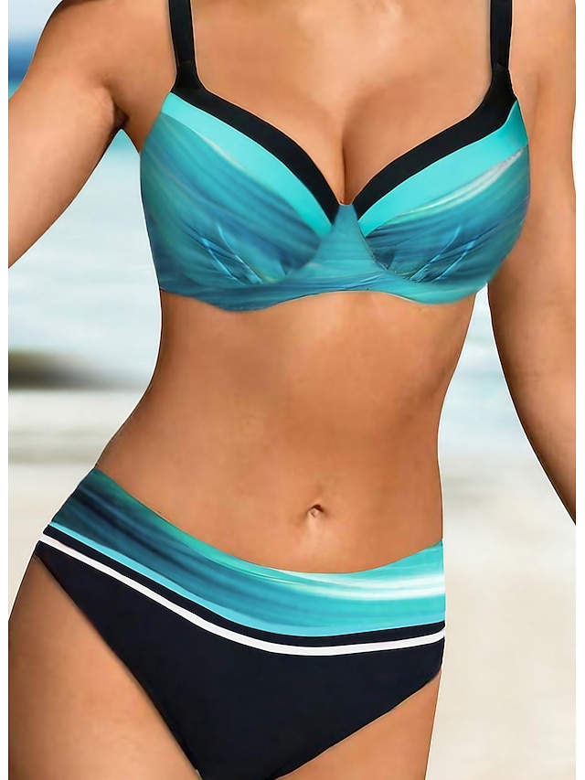  Women's Swimwear Bikini 2 Piece Normal Swimsuit High Waisted Color Block Light Blue Padded V Wire Bathing Suits Sports Vacation Sexy / Strap / New