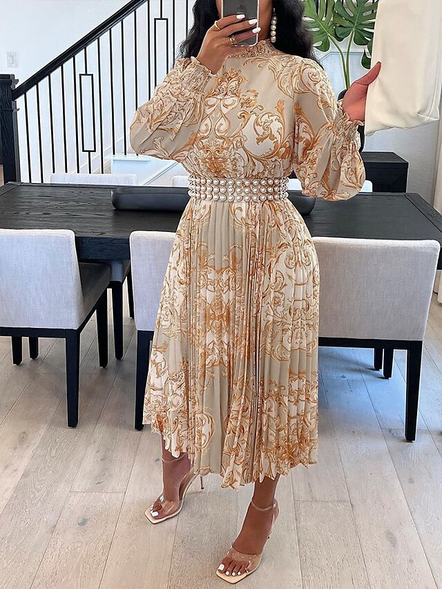 Womens Clothing Womens Dresses | Womens A Line Dress Midi Dress Yellow Long Sleeve Geometric Pleated Print Summer High Neck Vint