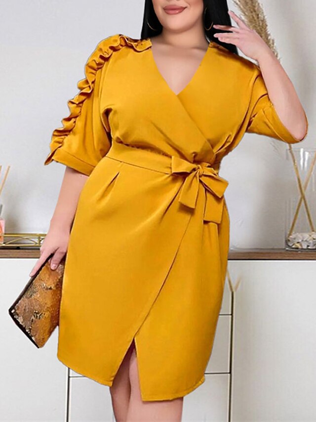 Womens Clothing Plus Size Collection | Womens Plus Size Sheath Dress Solid Color V Neck Half Sleeve Fall Spring Work Knee Length