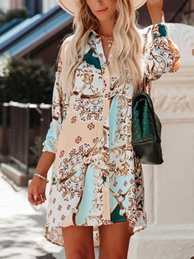 Womens Clothing Womens Dresses | Womens A Line Dress Short Mini Dress Khaki Long Sleeve Floral Button Print Spring Summer Shirt 