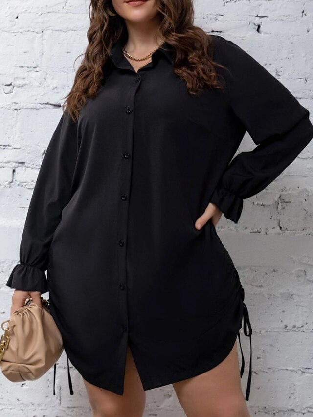 Womens Clothing Plus Size Collection | Womens Plus Size A Line Dress Solid Color Shirt Collar Long Sleeve Spring Summer Casual S