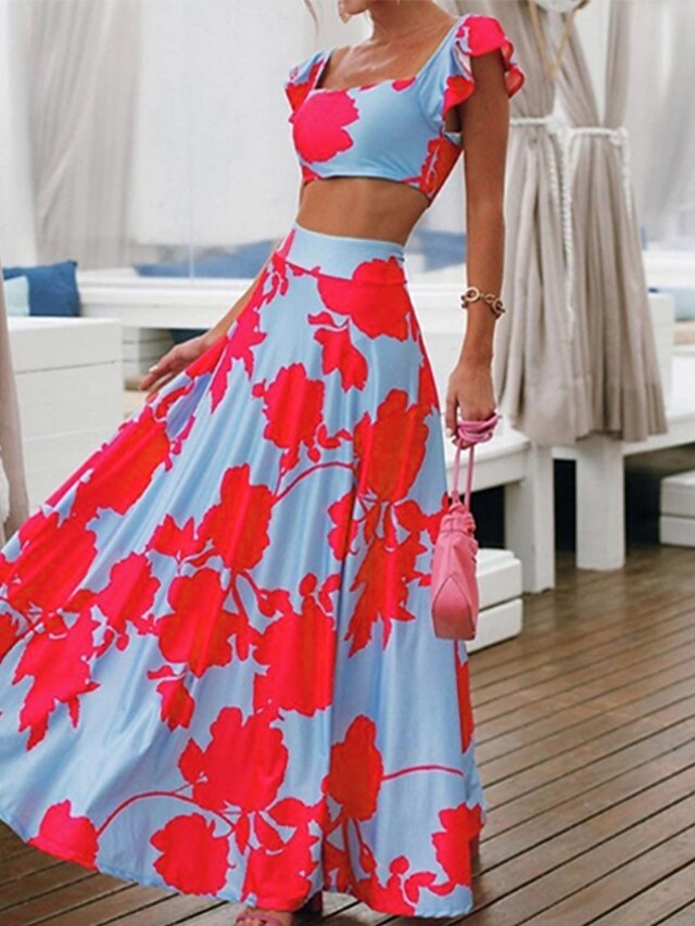 Women's Dress Set Two Piece Dress Skirt Set Long Dress Maxi Dress Blue