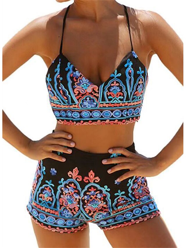 Womens Clothing Womens Swimwear | Womens Swimwear Bikini 2 Piece Plus Size Swimsuit Backless Printing High Waisted string Flower