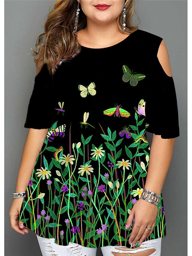 Womens Clothing Plus Size Collection | Womens Plus Size Tops Blouse Shirt Floral Butterfly Cut Out Print Half Sleeve Crewneck St