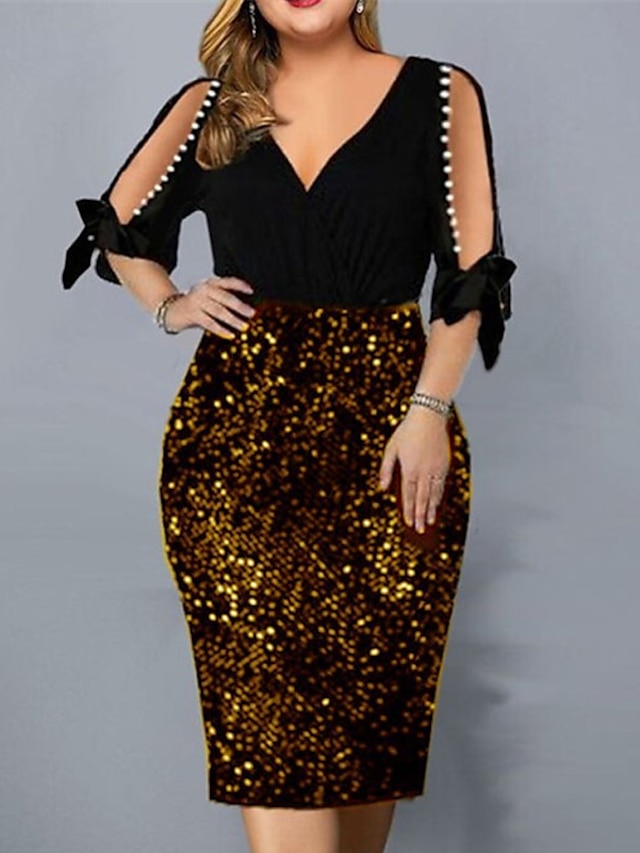 Womens Clothing Plus Size Collection | Womens Plus Size Sheath Dress Color Block V Neck Sequins Half Sleeve Fall Spring Sexy Pro