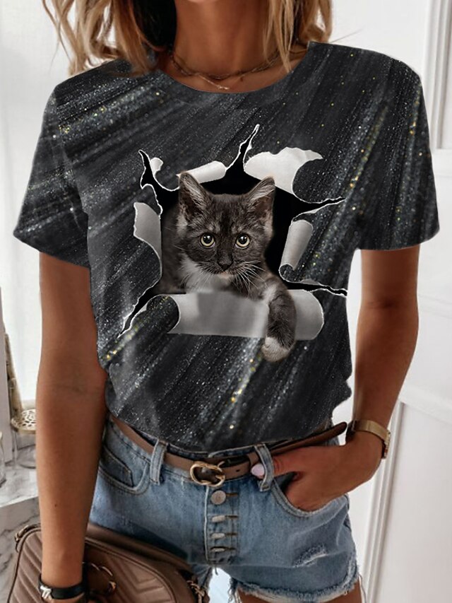 Womens Clothing Womens Tops | Womens Casual Weekend 3D Cat Painting T shirt Tee Cat 3D Short Sleeve Print Round Neck Basic Tops 