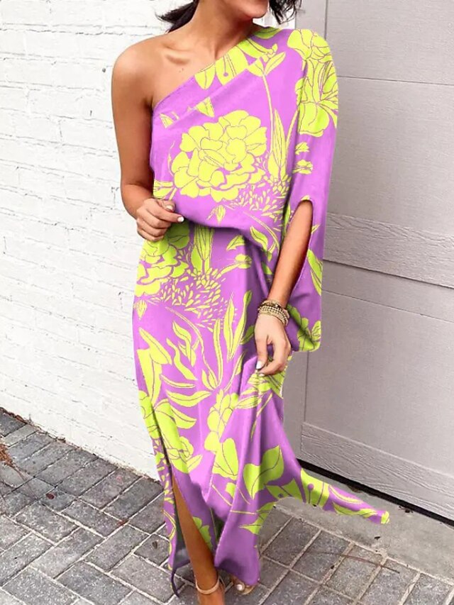 Womens Clothing Womens Dresses | Womens Shift Dress Maxi long Dress Purple Yellow Orange Red Light Blue Half Sleeve Floral Split