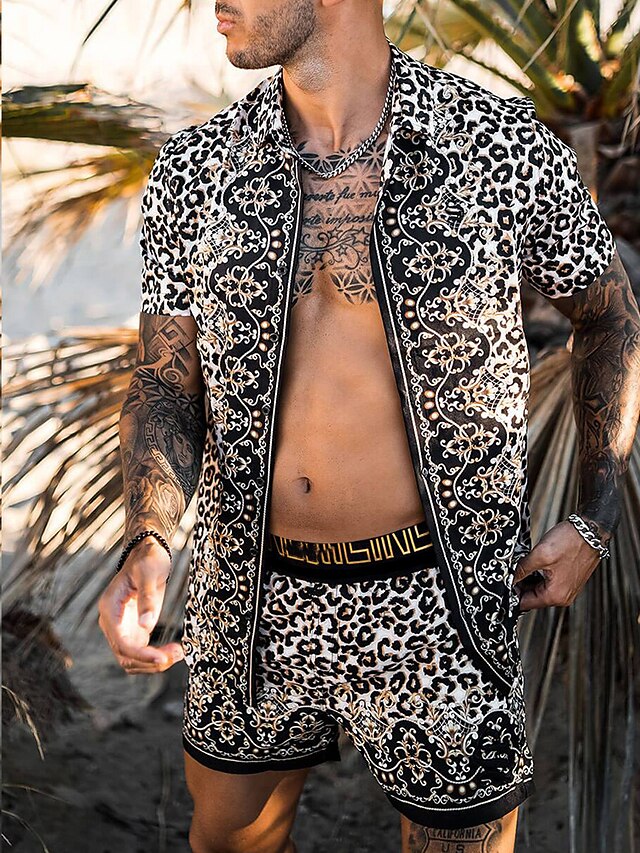  Herre Skjortesett Hawaii skjorte Aloha skjorte Leopard Blomstret Aftæpning Svart 3D-utskrift utendørs Avslappet Kortermet 3D-utskrift Knapp ned Klær Mote Fritid Hawaiisk Bekvem