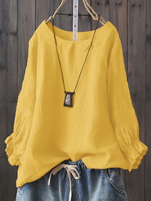  Women's Shirt Blouse Cotton Plain Navy Yellow Long Sleeve Daily Going out Basic Crewneck Regular Fit Spring Fall Winter