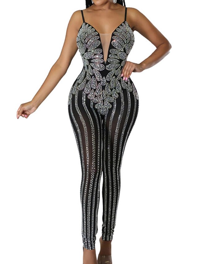 Womens Clothing Womens Jumpsuits & Rompers | Womens Jumpsuit Backless Beaded Striped V Neck Elegant Party Going out Regular Fit 