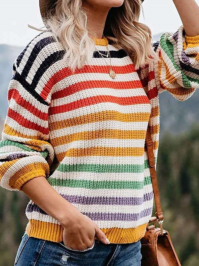 Womens Clothing Sweaters & Cardigans | Womens Pullover Sweater Jumper crochet Knit Knitted Striped Crew Neck Stylish Casual Dail