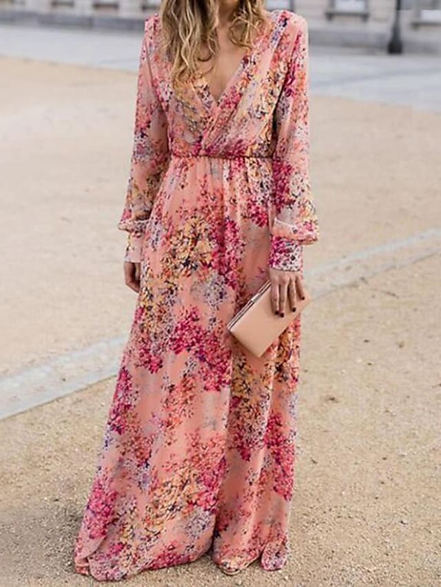 Women's Swing Dress Maxi long Dress Pink Long Sleeve Floral Print Lantern Sleeve Spring Summer Deep V Elegant Boho 2023 S M L XL XXL XXXL 13