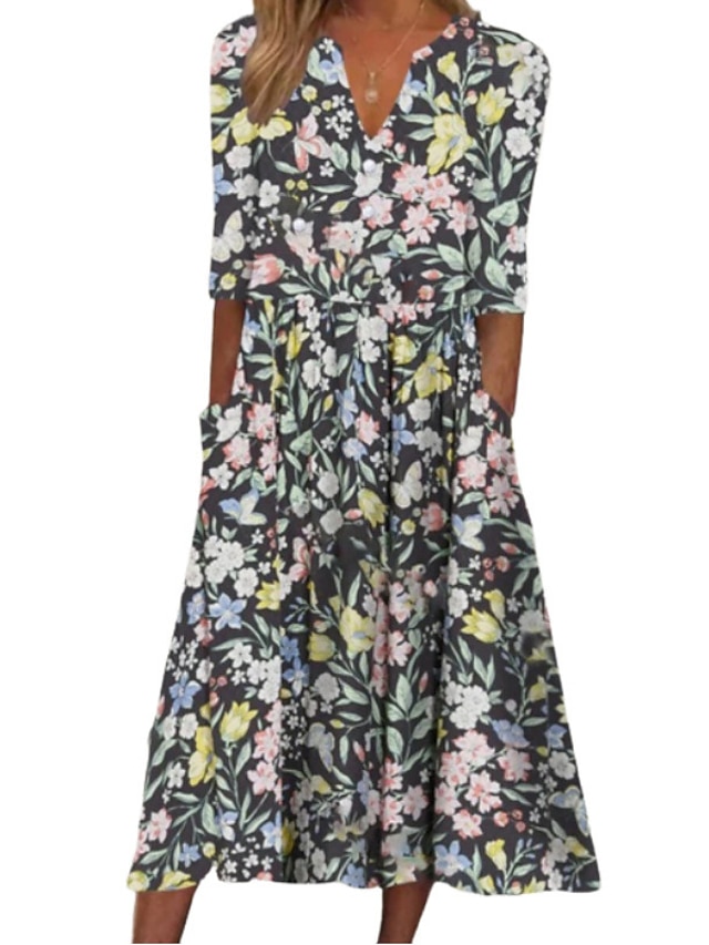 Womens Clothing Womens Dresses | Womens Shift Dress Midi Dress Black Half Sleeve Floral Pocket Print Spring Summer V Neck Vacati