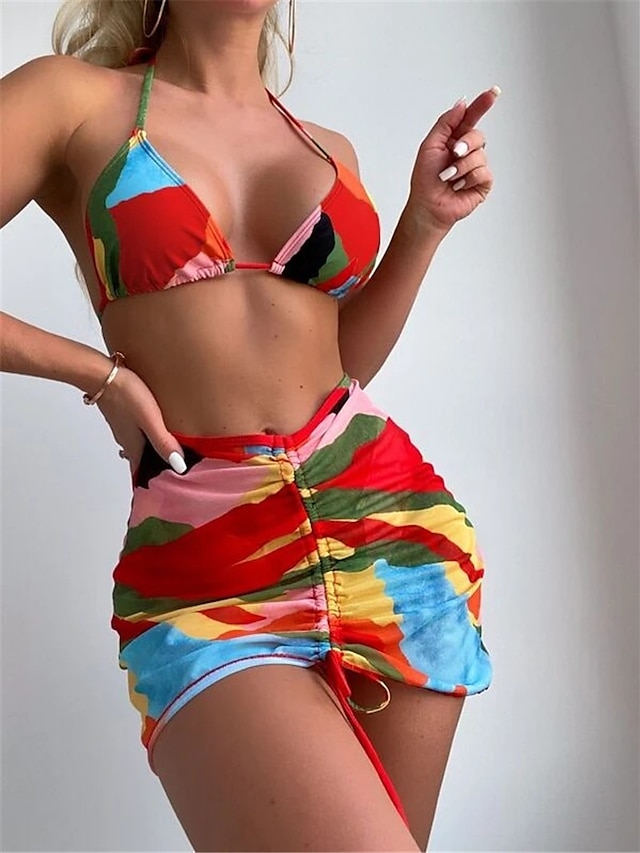 Womens Clothing Womens Swimwear | Womens Swimwear Bikini Three Piece Normal Swimsuit Open Back Printing string Gradient Color Ra