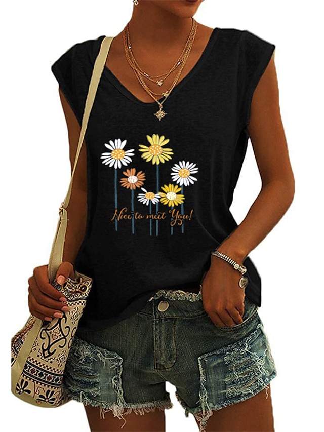 Womens Clothing Womens Tops | Womens Holiday Weekend Floral Tank Top Camis Daisy Letter Sleeveless Print V Neck Casual Streetwea