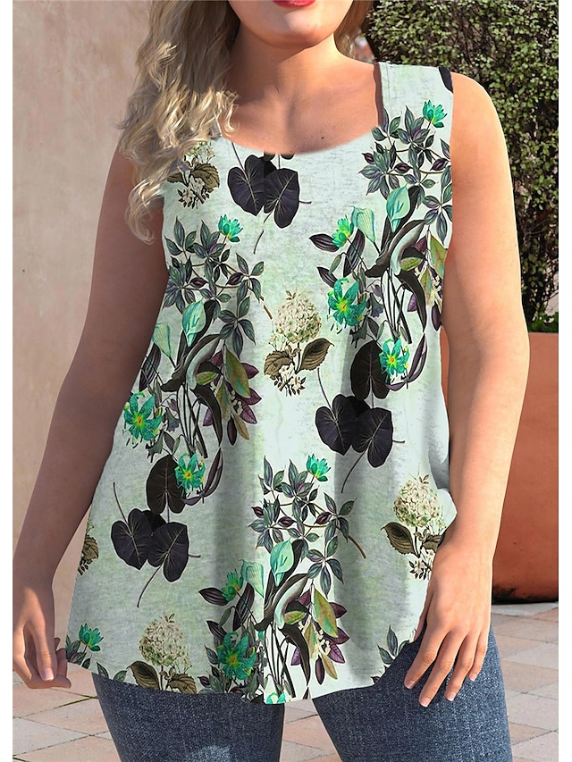 Womens Clothing Plus Size Collection | Womens Plus Size Tops Tank Top Floral Print Sleeveless Strap Streetwear Preppy Daily Goin