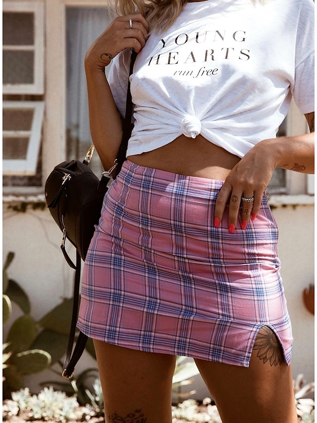 Womens Clothing Womens Bottoms | Womens Preppy Skirts Carnival Homecoming Plaid Split Pink S M L - XS01382