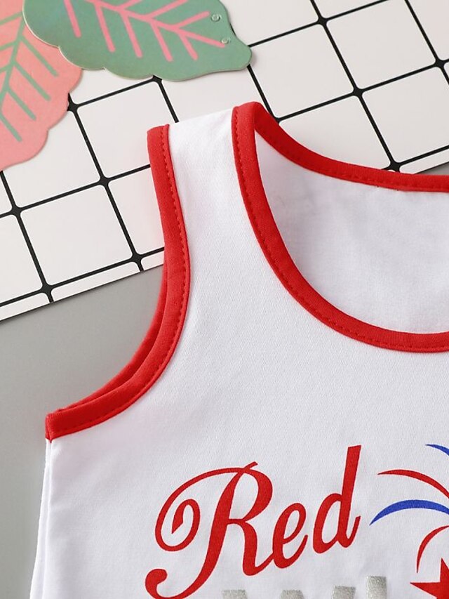 Baby & Kids Girls Clothing | Kids Girls American National Day Tank & Shorts Clothing Set 3 Pieces Short Sleeve White Flag Letter