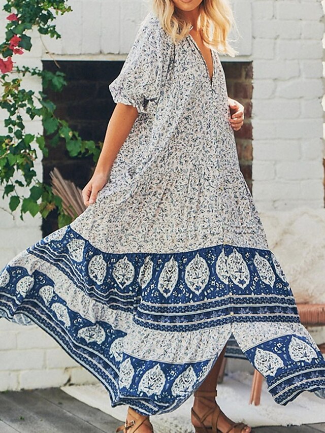 Womens Clothing Womens Dresses | Womens A Line Dress Maxi long Dress Blue Half Sleeve Floral Ruffle Print Spring Summer V Neck M