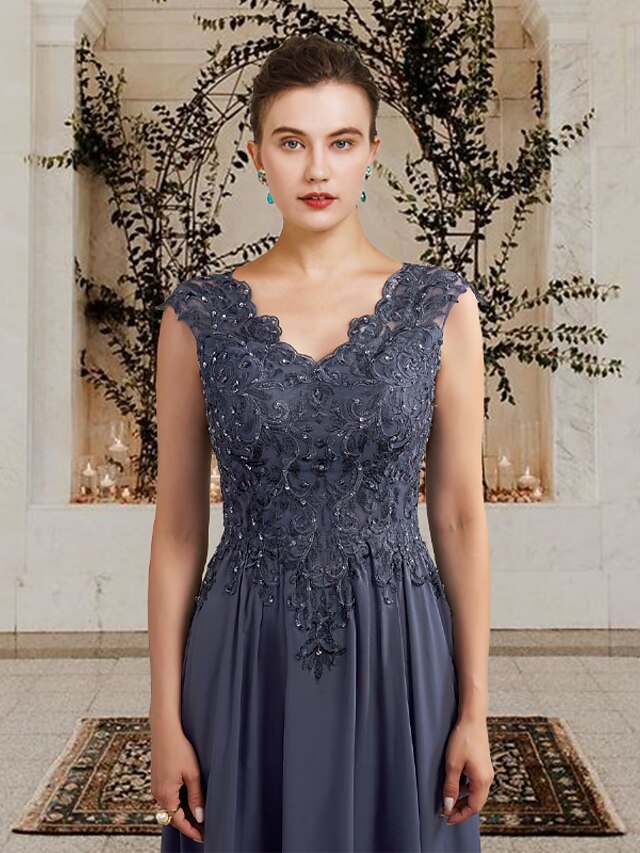 ALine Mother of the Bride Dress Elegant V Neck Floor Length Chiffon