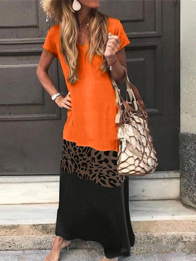 Womens Clothing Womens Dresses | Womens Shift Dress Maxi long Dress Green Black Gray Orange Short Sleeve Color Block Leopard Pri