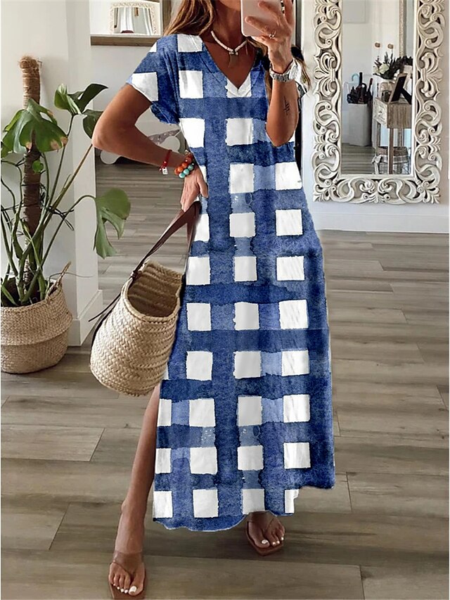 Womens Clothing Womens Dresses | Womens Shift Dress Maxi long Dress Green Blue Purple Short Sleeve Plaid Split Print Spring Summ