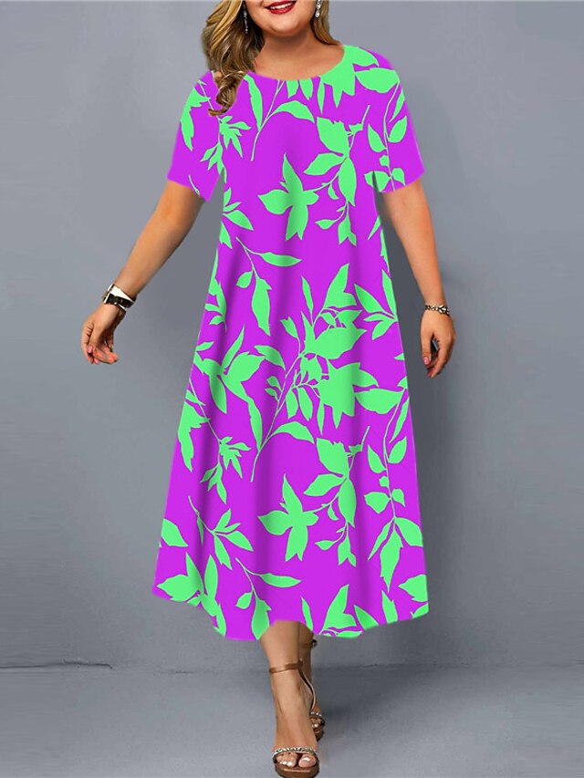 Womens Clothing Plus Size Collection | Womens Plus Size Shift Dress Leaf Round Neck Short Sleeve Spring Summer Casual Maxi long 