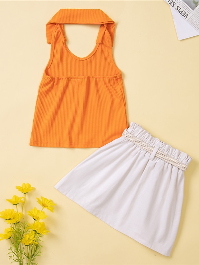 Baby & Kids Girls Clothing | Kids Girls Tank & SKirt Clothing Set 2 Pieces Sleeveless Orange Solid Color Indoor Daily Long Knee-