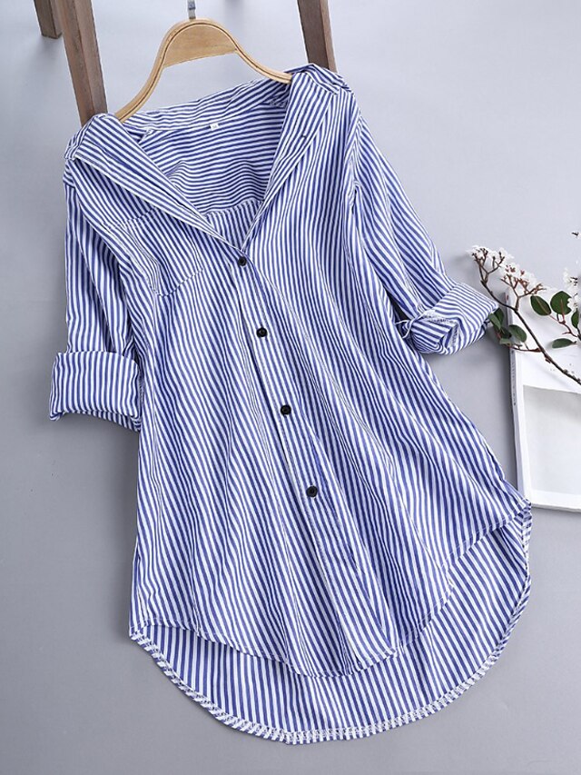 Womens Clothing Plus Size Collection | Womens Plus Size Tops Blouse Shirt Striped Asymmetric Long Sleeve Shirt Collar Streetwear