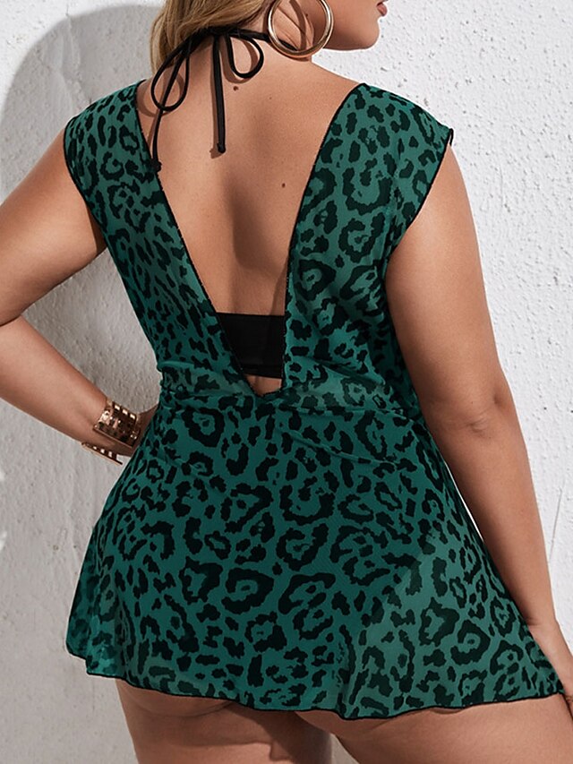 Womens Clothing Womens Swimwear | Womens Swimwear Bikini Three Piece Plus Size Swimsuit Backless 3-Piece Printing Leopard Green 