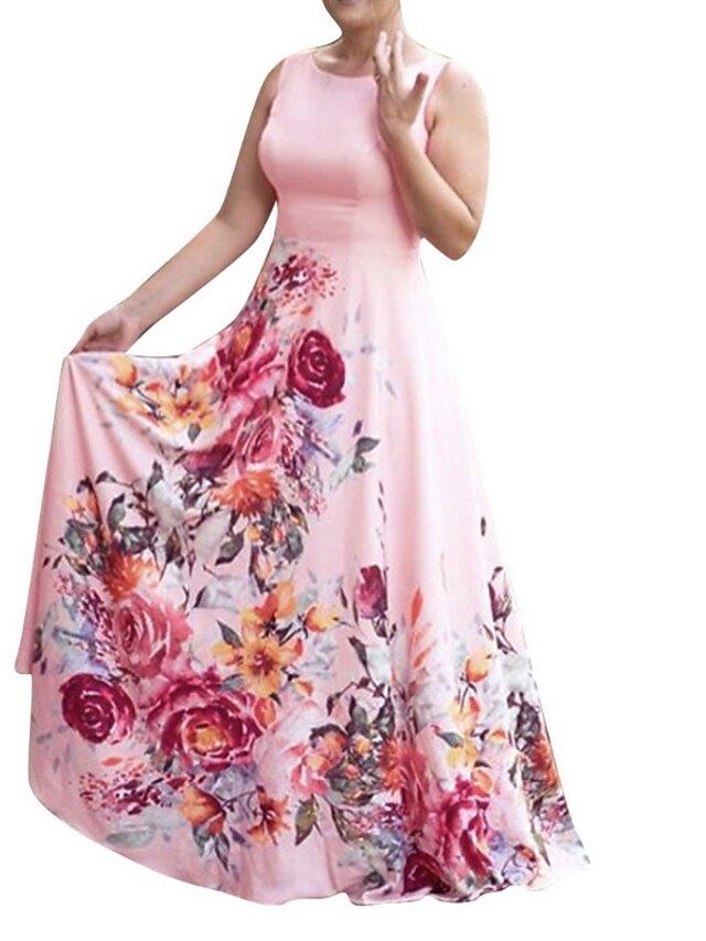 Womens Clothing Womens Dresses | Womens Swing Dress Maxi long Dress Pink Sleeveless Floral Print Spring Summer Round Neck Party 