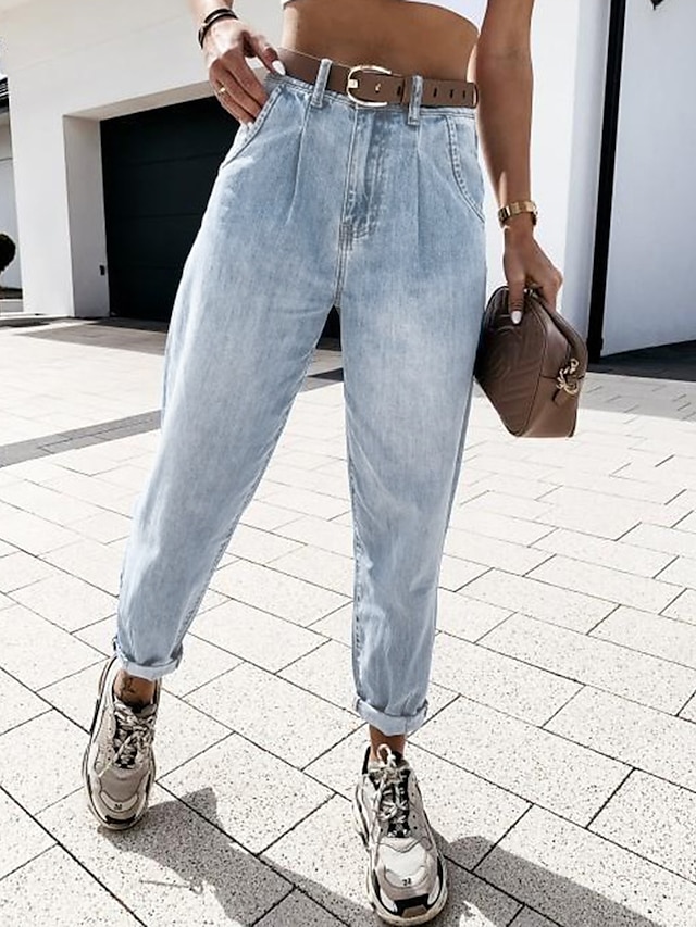  Women's Fashion Jeans Distressed Jeans Side Pockets Ankle-Length Pants Casual Weekend Micro-elastic Plain Denim Comfort Mid Waist Blue S M L XL XXL