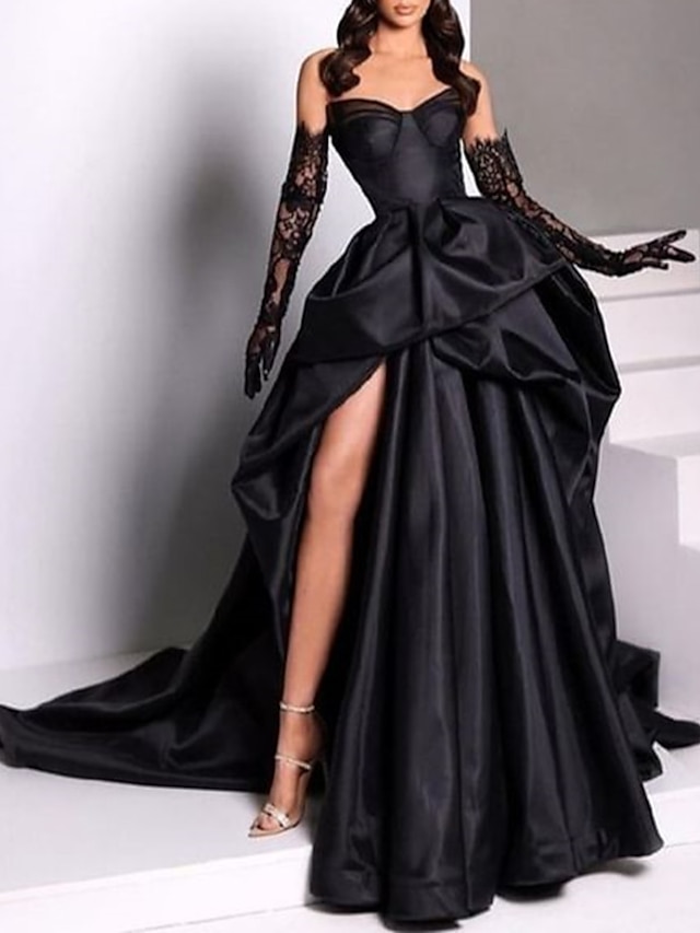  A-Line Evening Gown Black Dress Plus Size Dress Carnival Masquerade Court Train Sleeveless Strapless Wednesday Addams Family Satin with Slit Pure Color Prom 2024