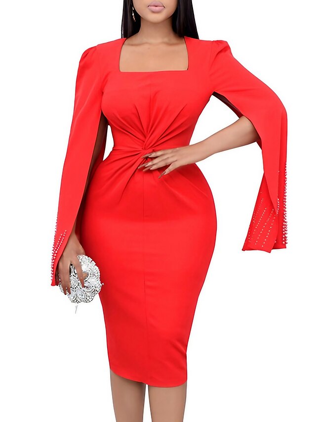 Womens Clothing Womens Dresses | Womens Bodycon Midi Dress White Black Red Long Sleeve Solid Color Ruched Spring Summer Square N